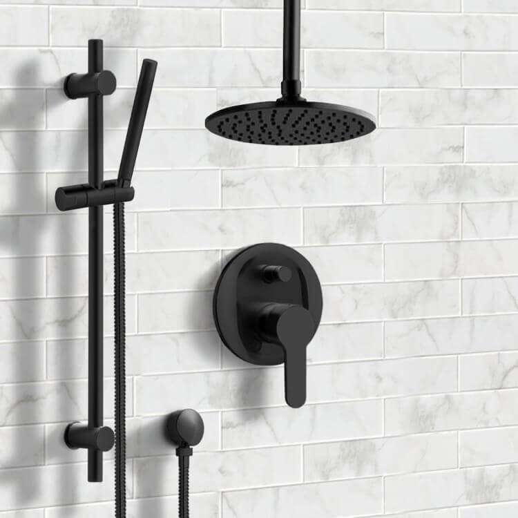 Remer SFR62 Matte Black Ceiling Shower System with 8 Inch Rain Shower Head and Hand Shower